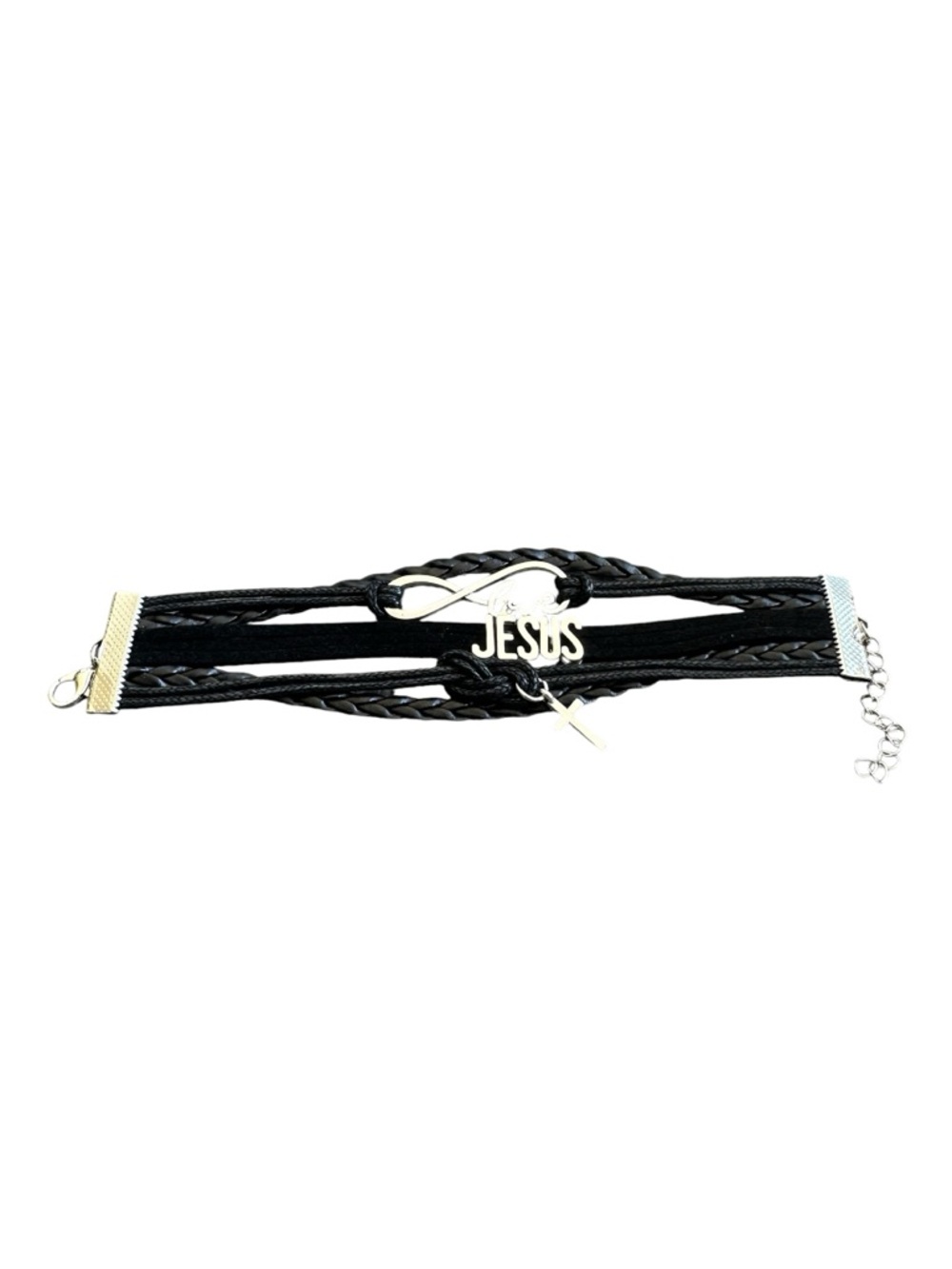 Black and Silver Adjustable Length Jesus Christian Bracelet